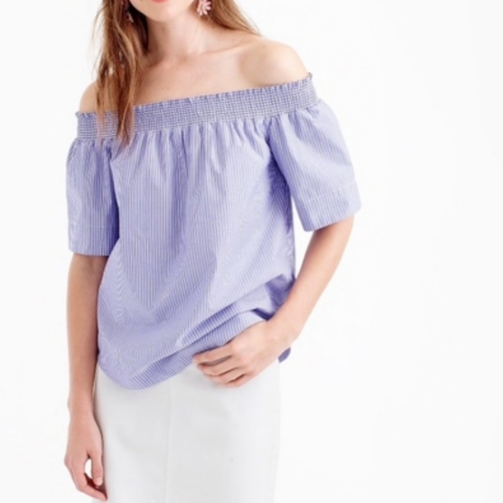 J. Crew Stripe Off Shoulder Blouse Size 12/Large Blue White Stripe - Picture 2 of 10